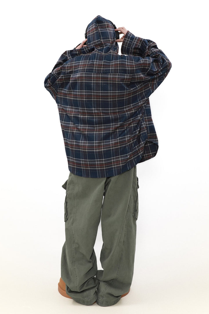 Loose Hooded Plaid Button-Up