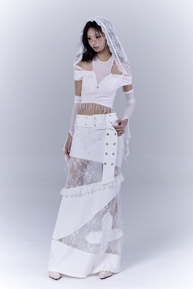 White Lace Belted Cross Skirt