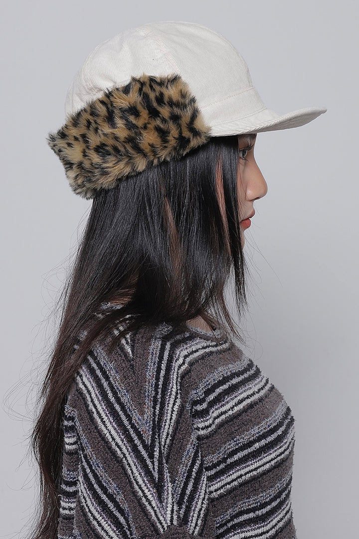 Curduroy Leopard Earflap Cap