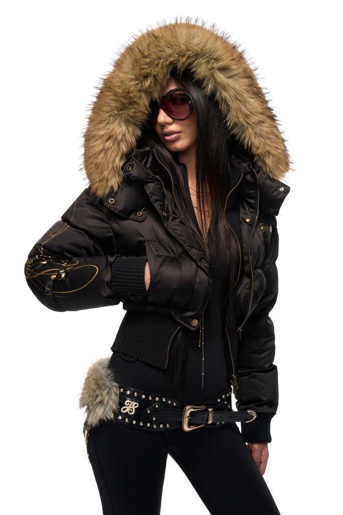 Women's Puffer Jacket Faux Fur Hood Black Gold Embroidery – Pixie