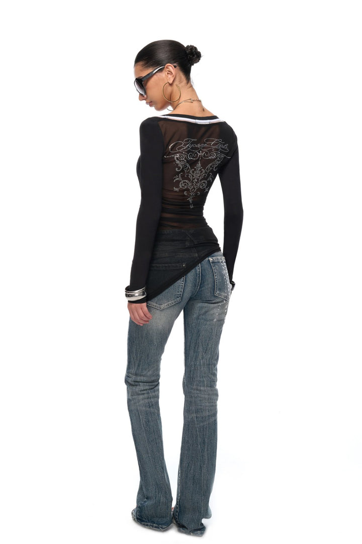 Rhinestone Sheer V-Neck Shirt