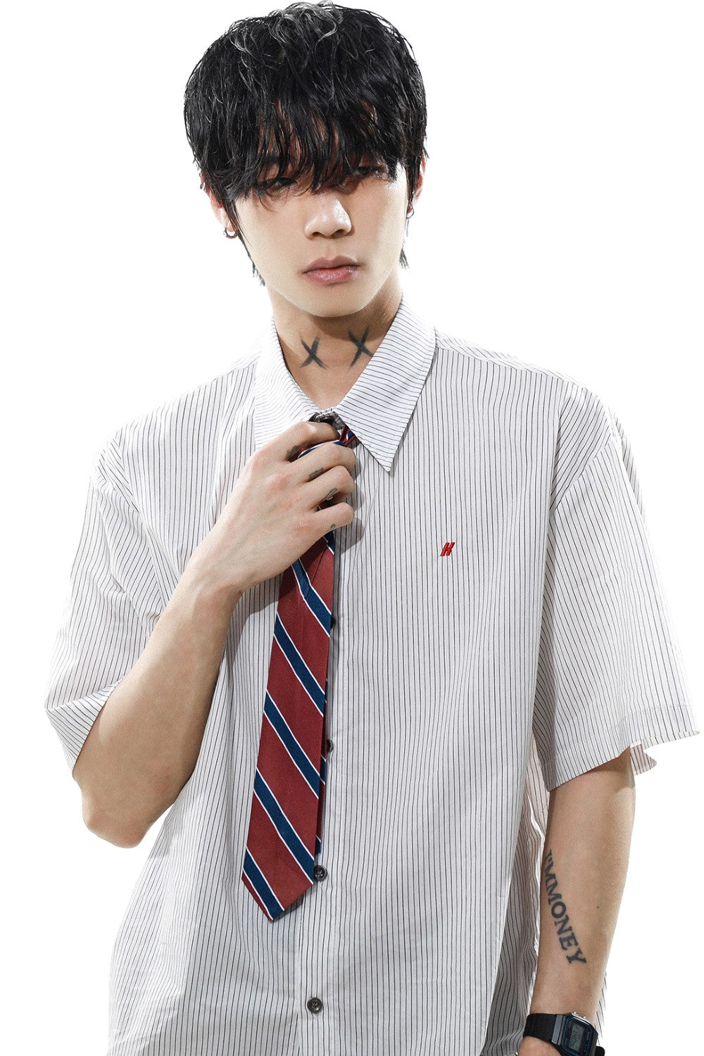 Pinstripe Buttoned Tie Shirt