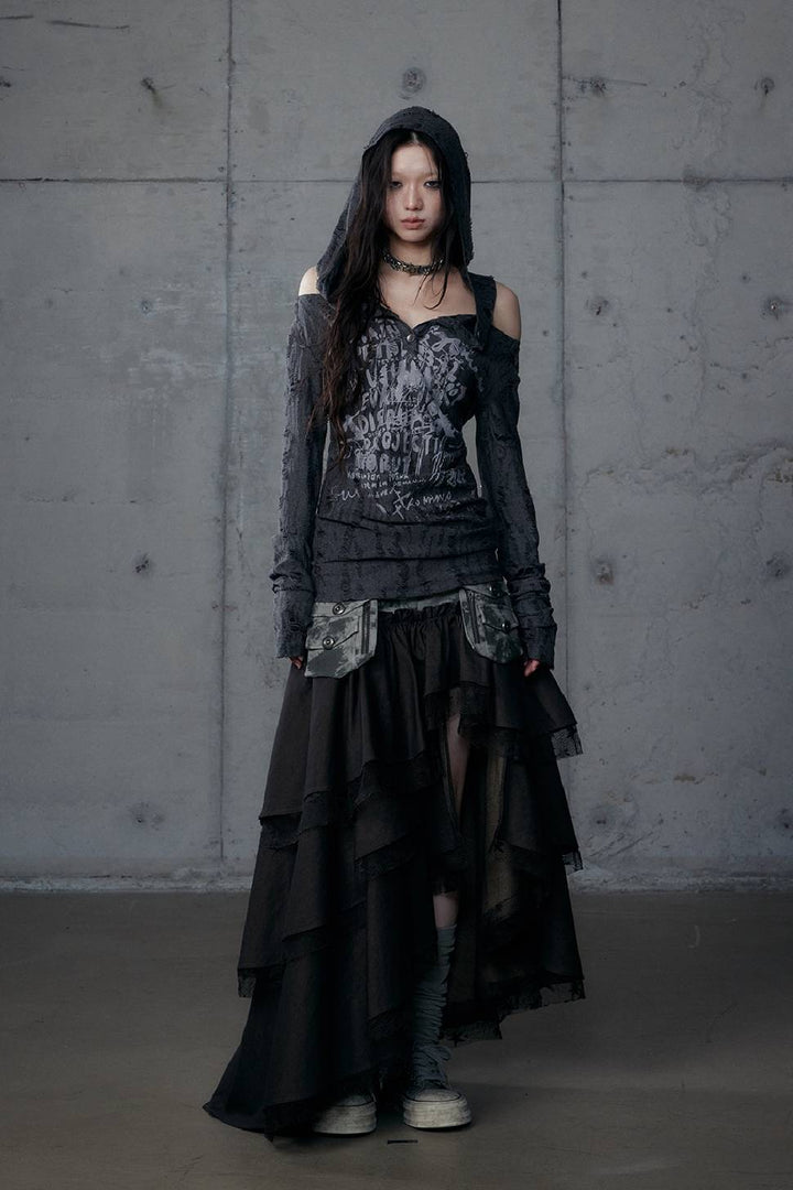 Distressed Hooded Graffiti Top