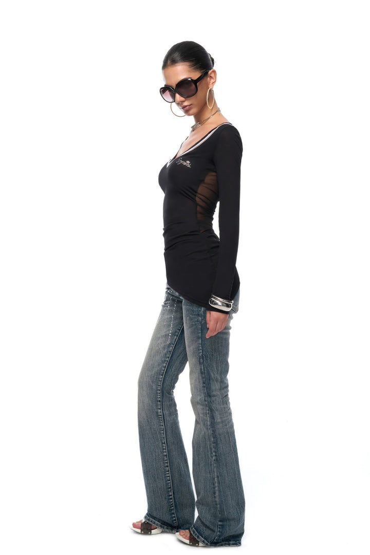 Rhinestone Sheer V-Neck Shirt