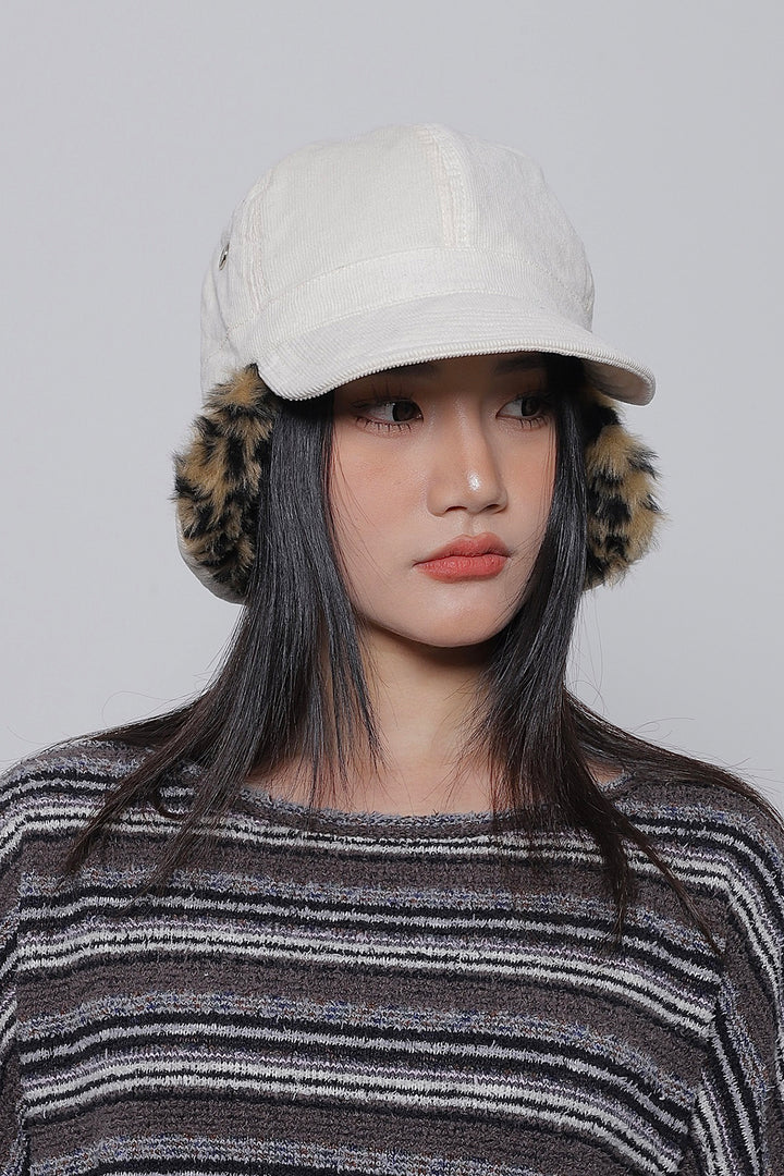 Curduroy Leopard Earflap Cap