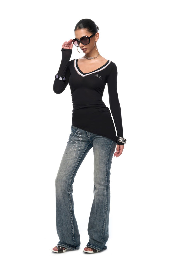 Rhinestone Sheer V-Neck Shirt
