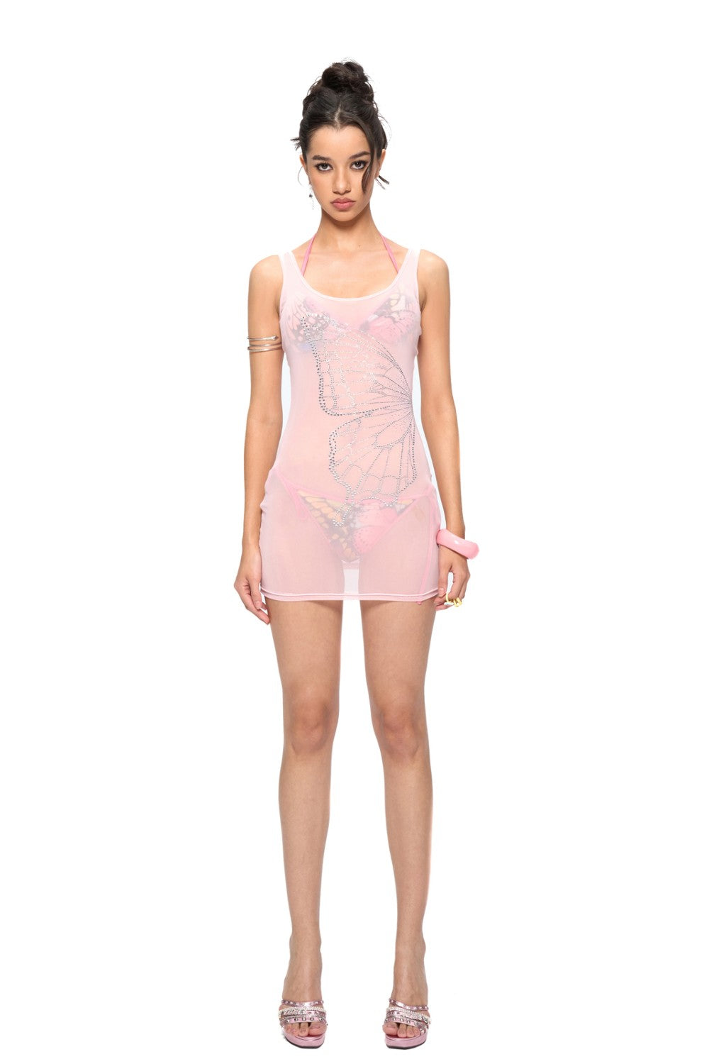 Sheer Rhinestone Butterfly Dress