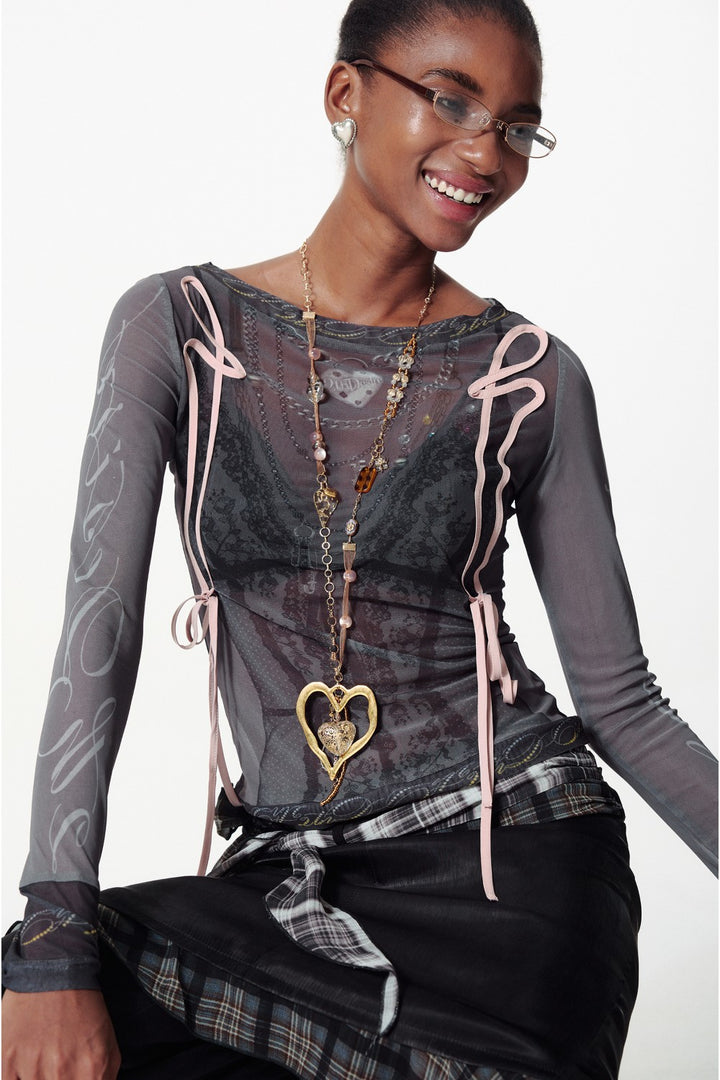 Ruched Ribbon Mesh Shirt