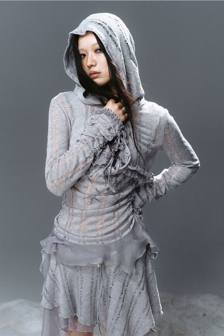 Cropped Hooded Ruffle Cardigan