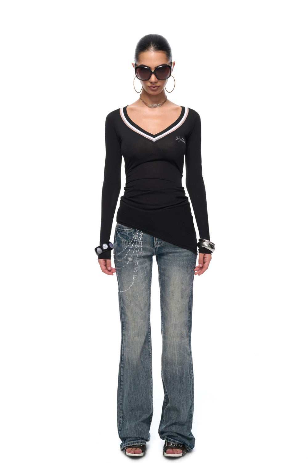 Rhinestone Sheer V-Neck Shirt