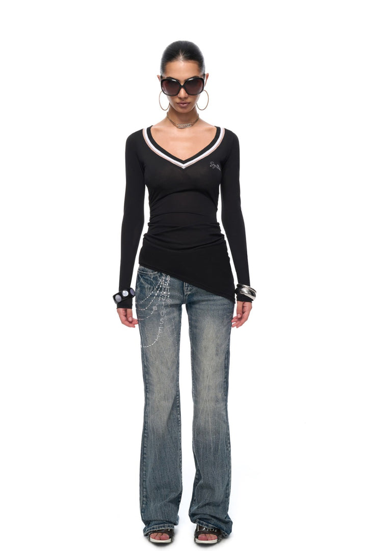 Rhinestone Sheer V-Neck Shirt