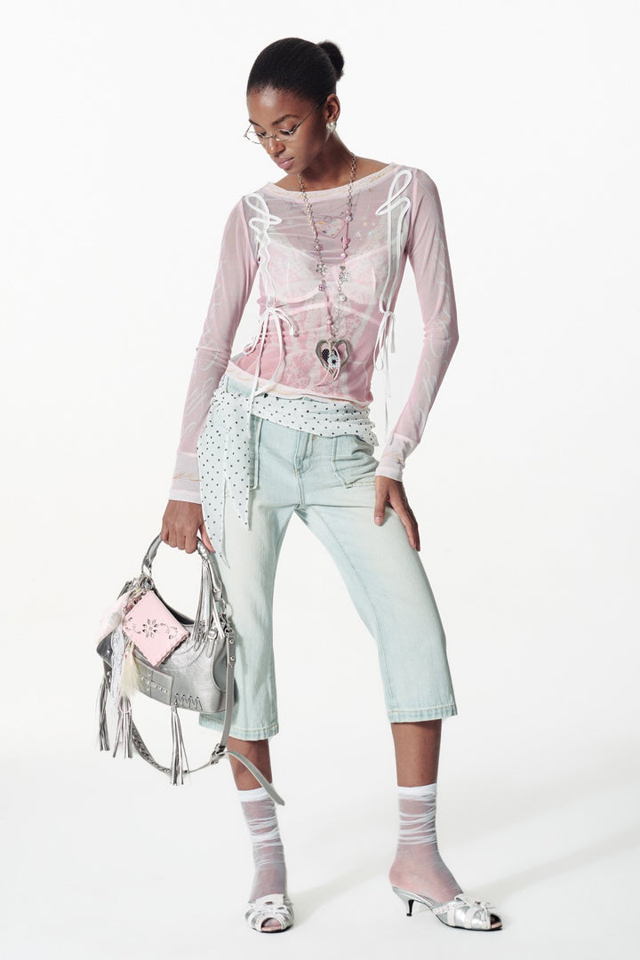 Ruched Ribbon Mesh Shirt