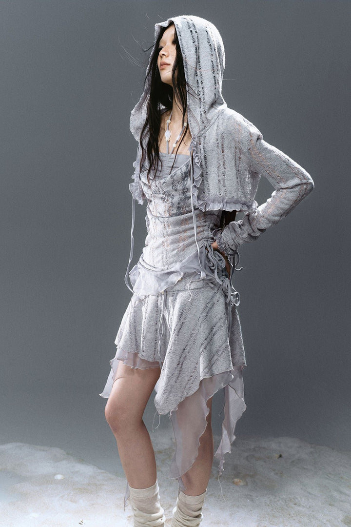Cropped Hooded Ruffle Cardigan