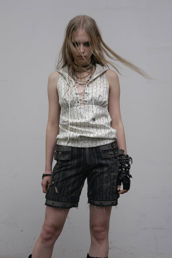 Striped Hooded Lace-Up Top