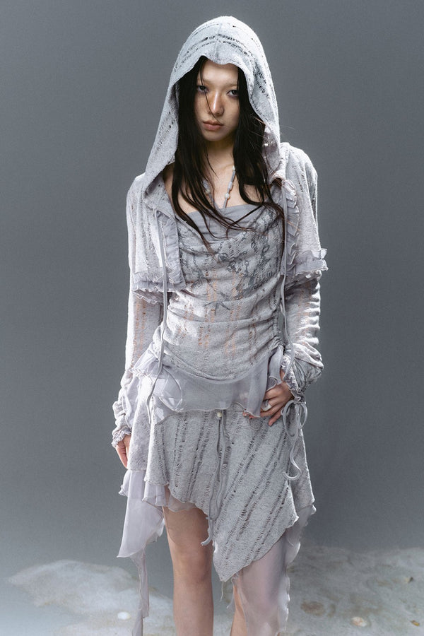 Cropped Hooded Ruffle Cardigan