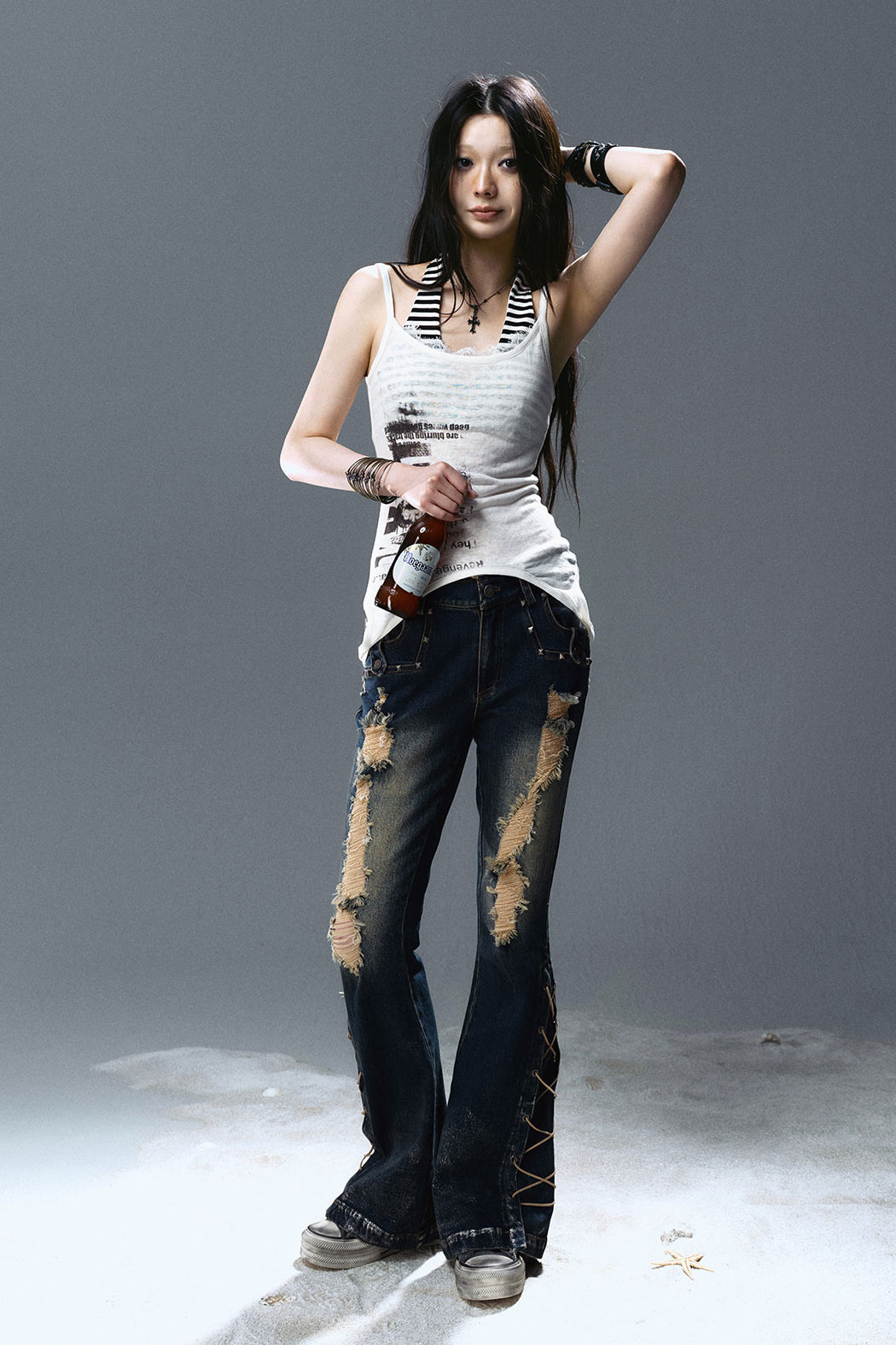 Lace-Up Ripped Wash Jeans