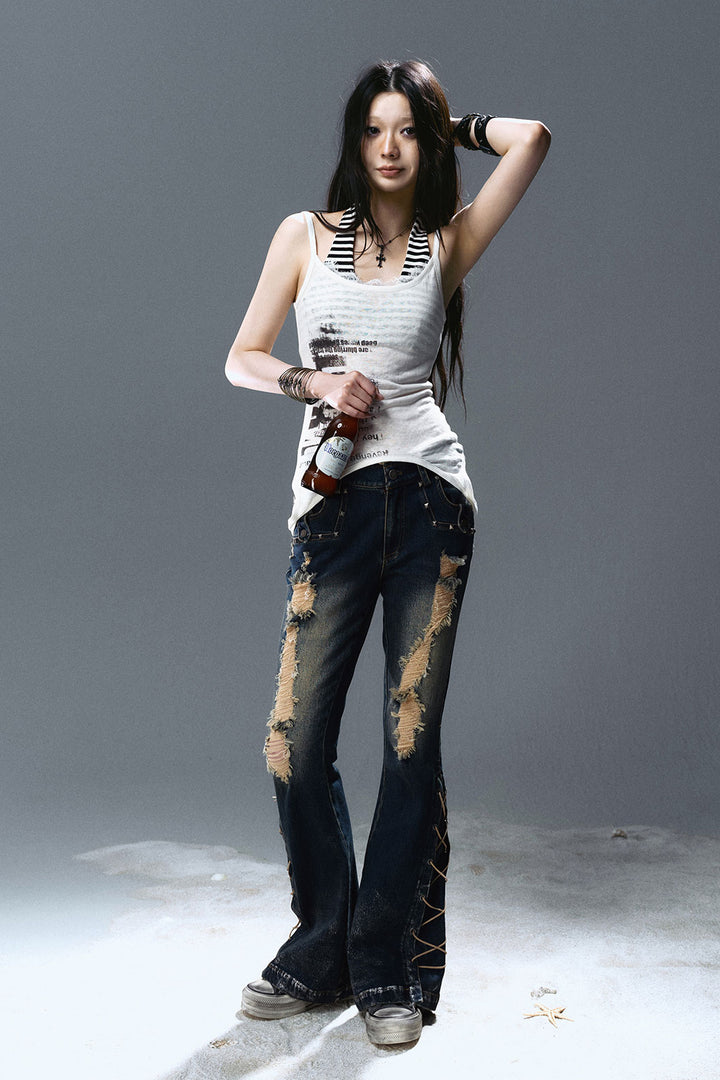 Lace-Up Ripped Wash Jeans