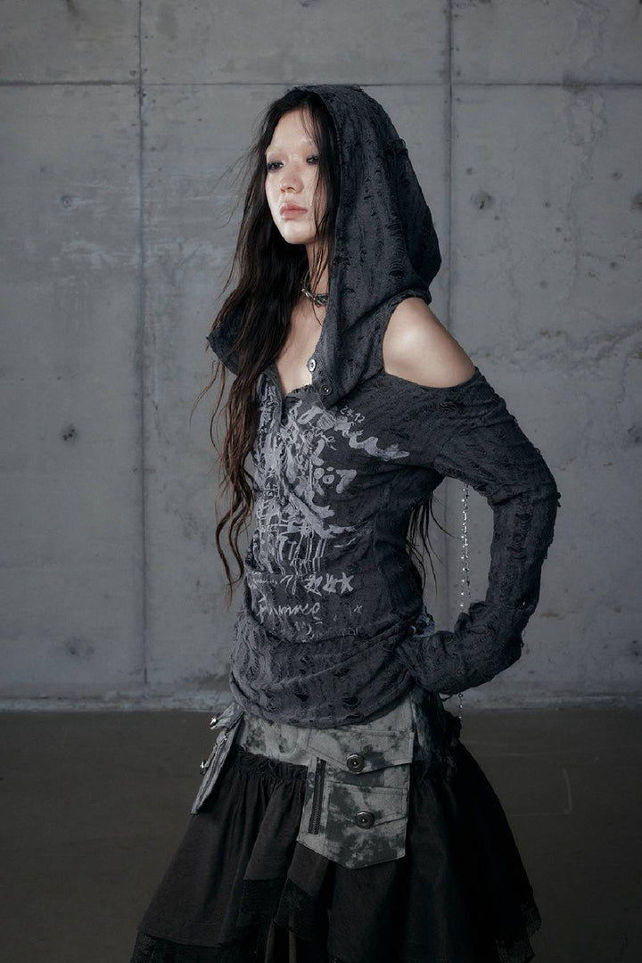 Distressed Hooded Graffiti Top
