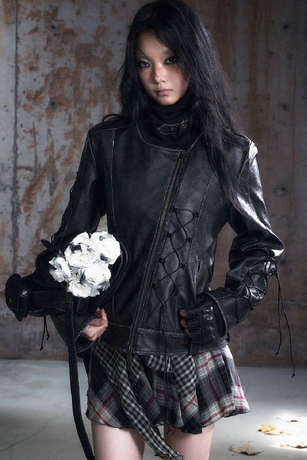 Asymmetric Zip Leather Jacket