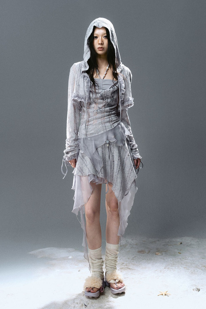 Cropped Hooded Ruffle Cardigan