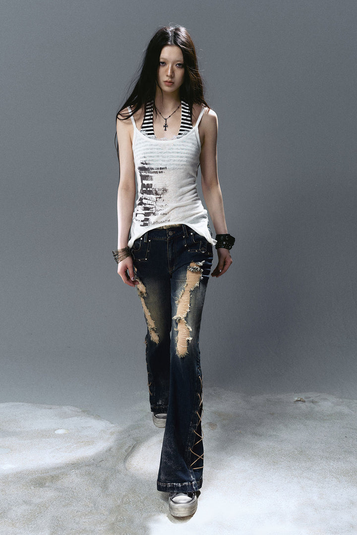Lace-Up Ripped Wash Jeans