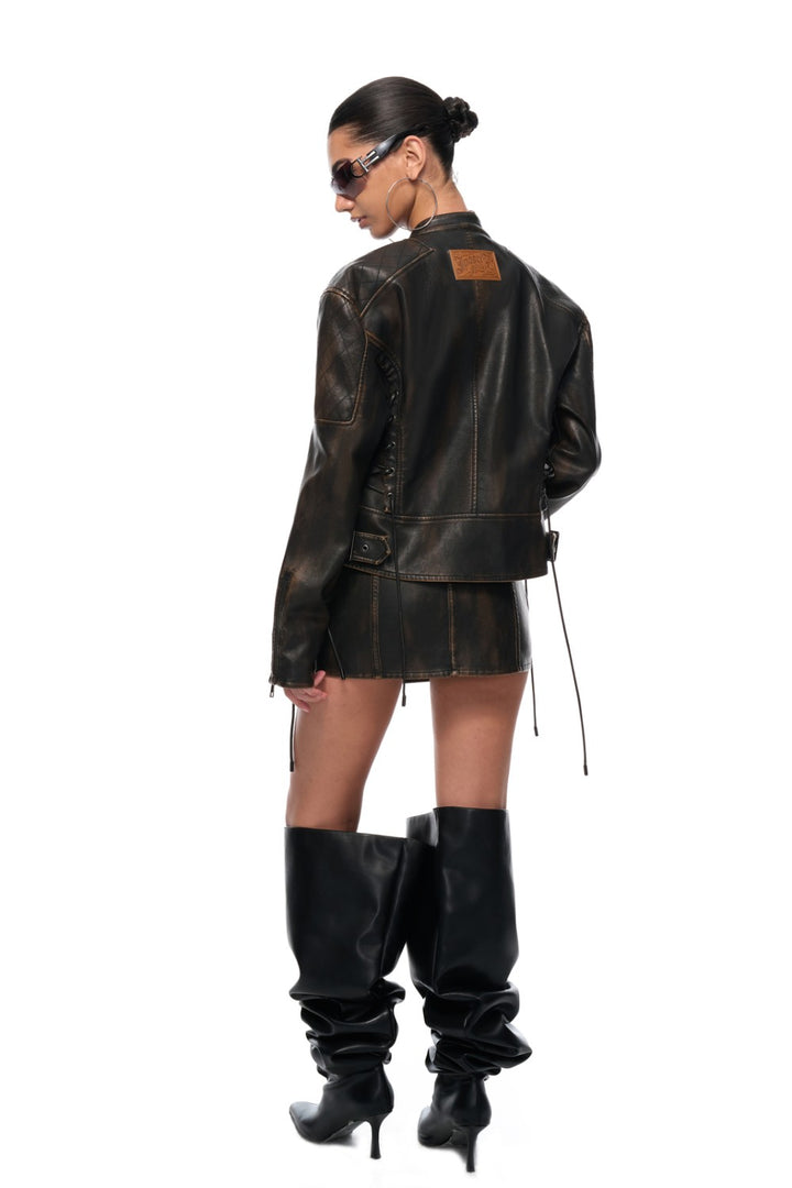 Lace-Up Leather Moto Skirt
