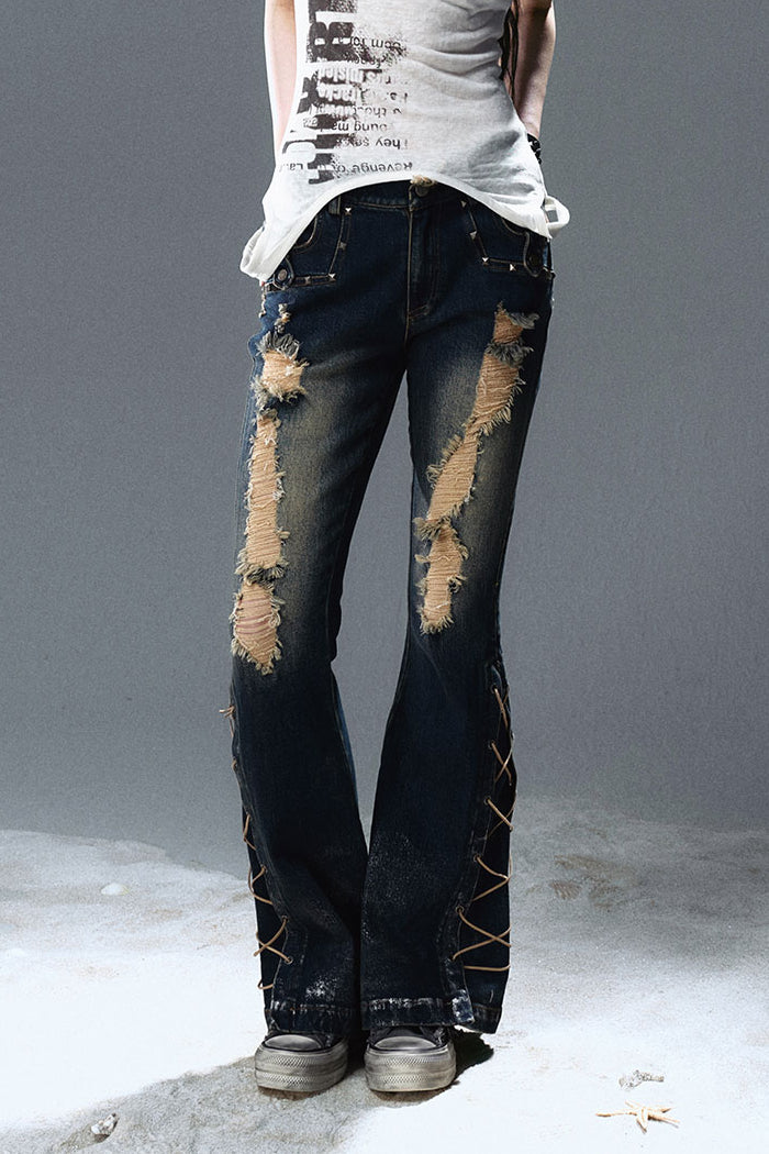Lace-Up Ripped Wash Jeans