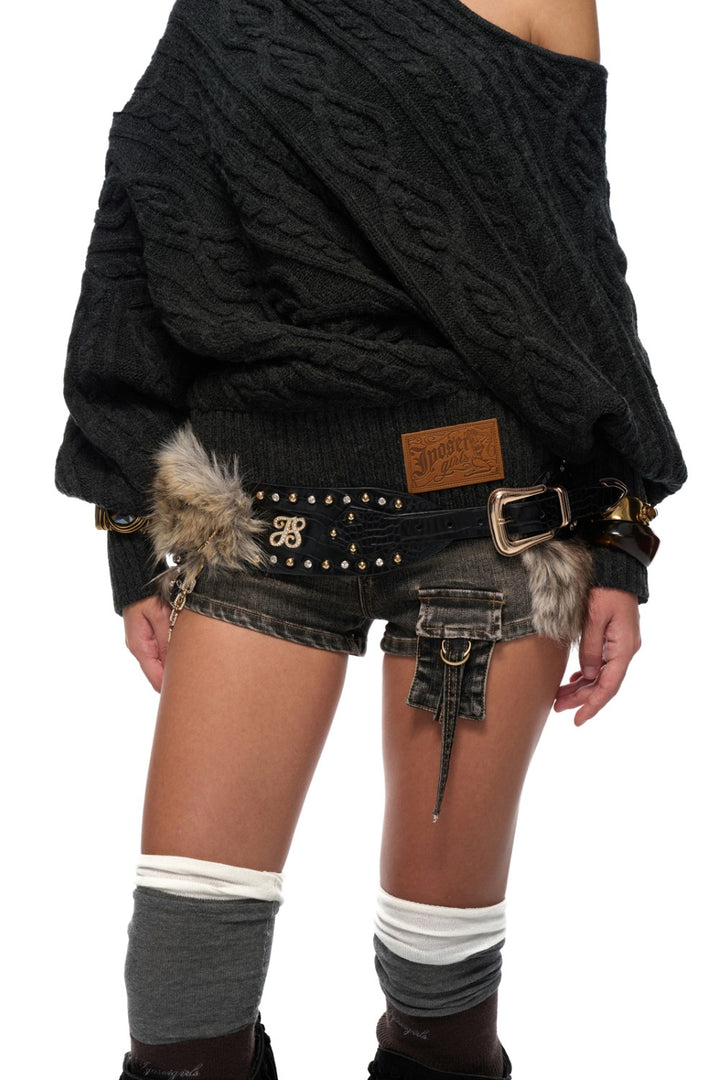 Washed Fur Denim Shorts