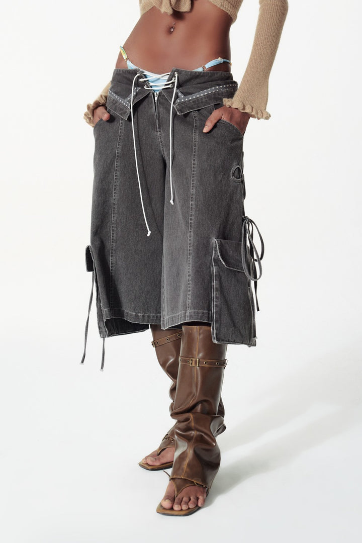 Lace-Up Washed Cargo Jorts