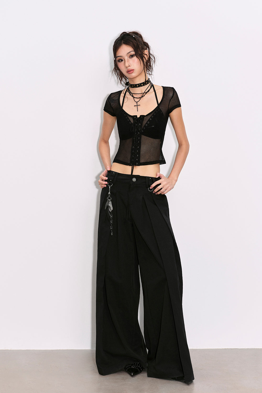 Cropped Mesh Lace-Up Top