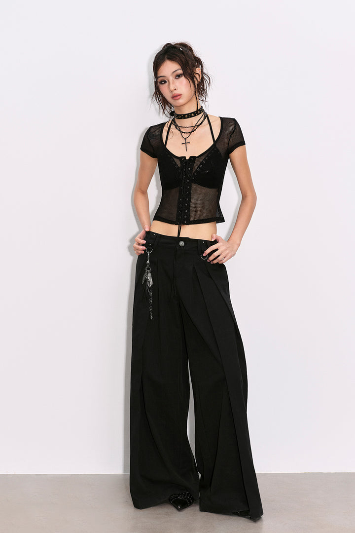 Cropped Mesh Lace-Up Top