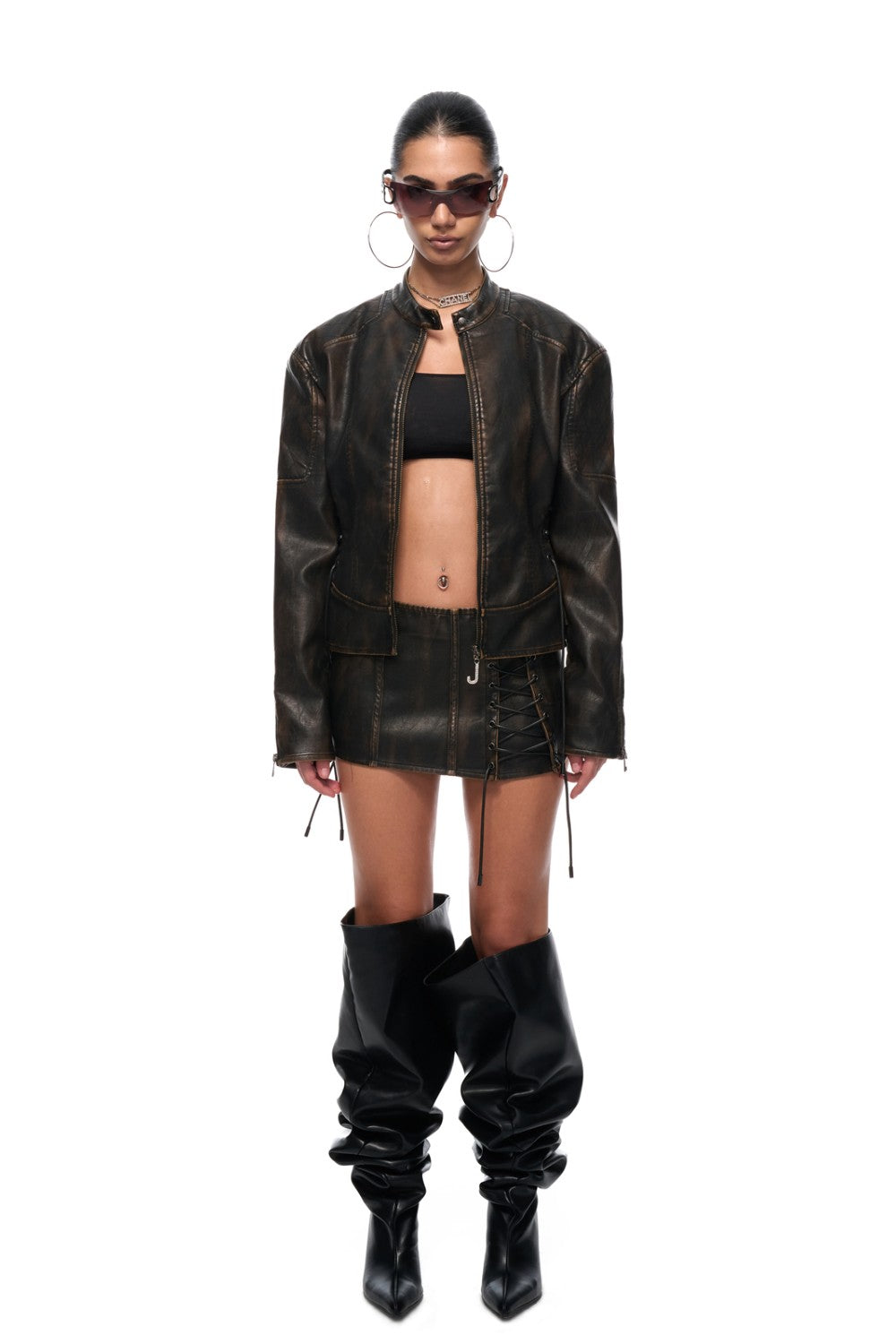 Lace-Up Leather Moto Jacket