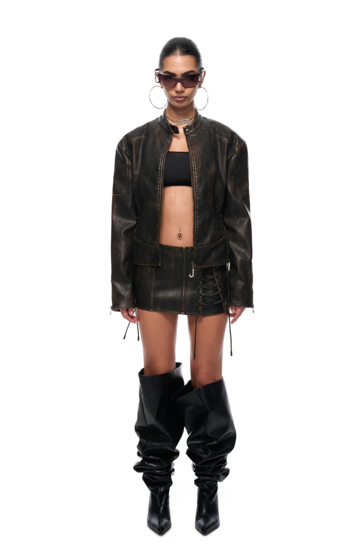 Lace-Up Leather Moto Jacket