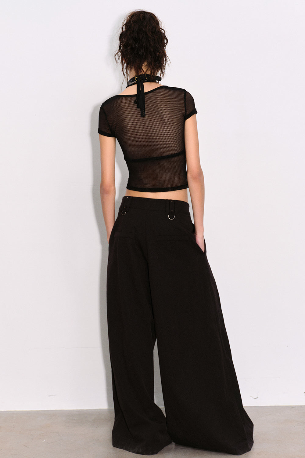 Cropped Mesh Lace-Up Top