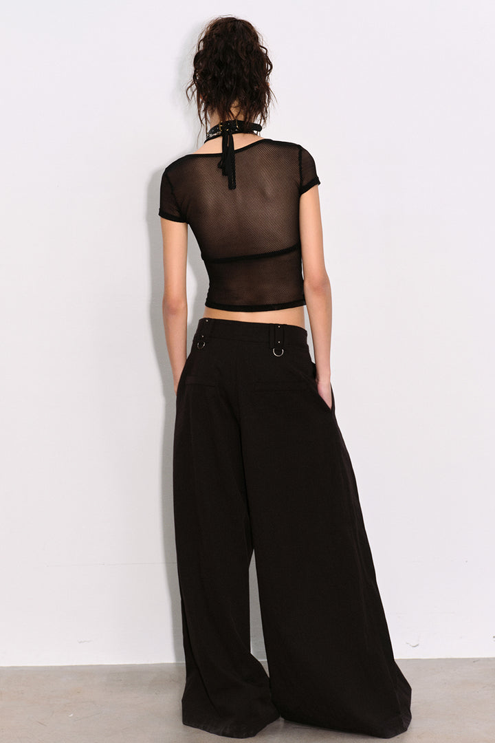 Cropped Mesh Lace-Up Top
