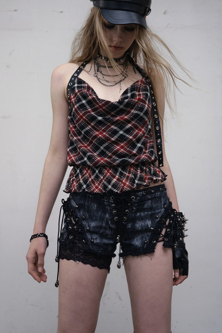 Distressed Lace-Up Shorts