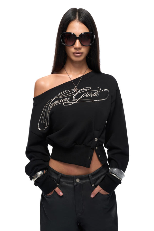 Scripted Off-Shoulder Sweater