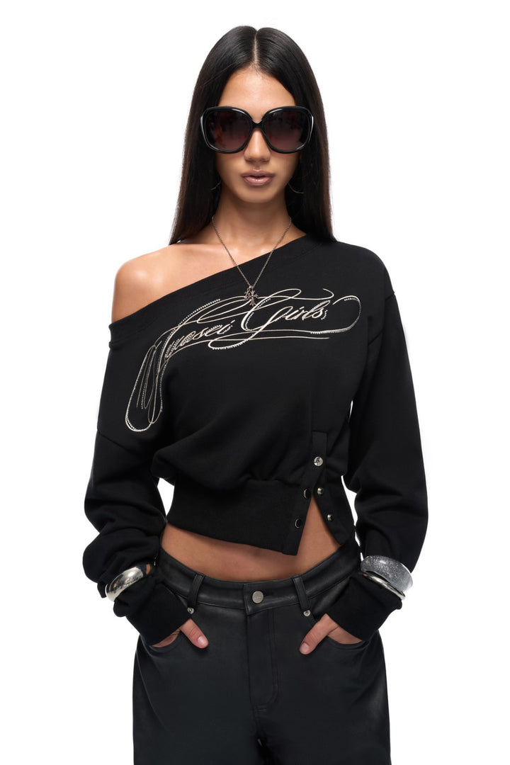 Scripted Off-Shoulder Sweater