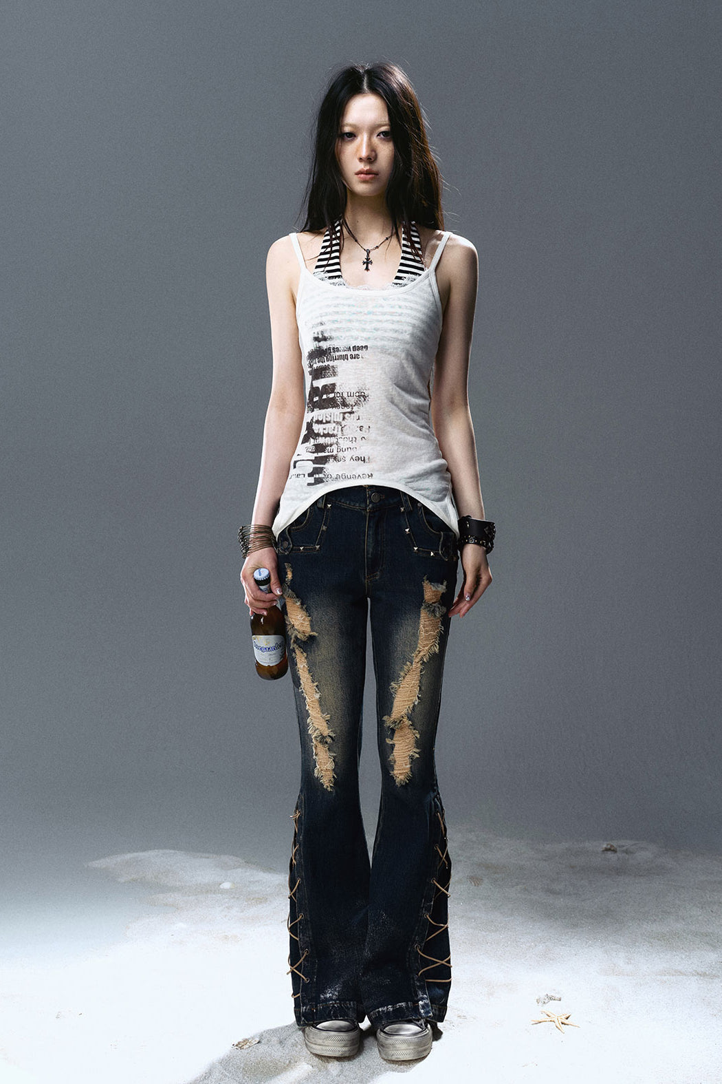 Lace-Up Ripped Wash Jeans