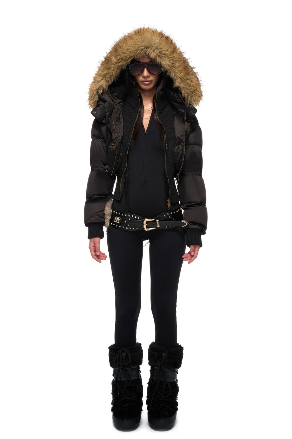 Women's Puffer Jacket Faux Fur Hood Black Gold Embroidery – Pixie