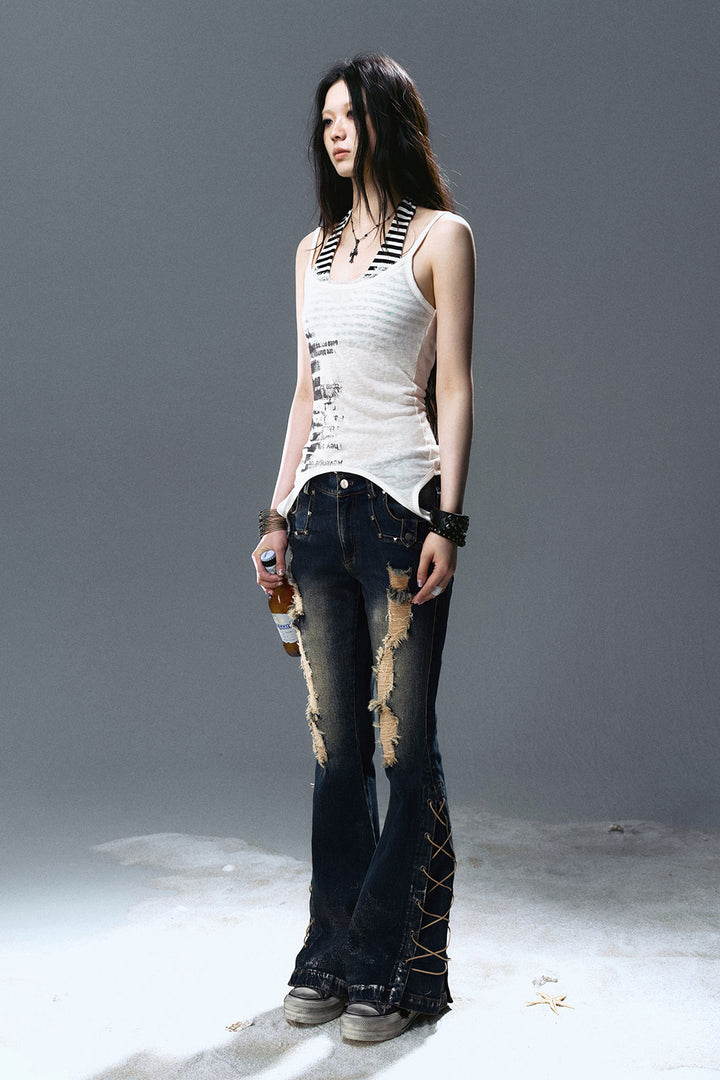 Lace-Up Ripped Wash Jeans