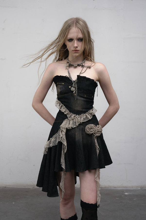 Ruffled Denim Bustier Dress