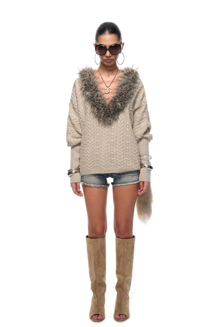 V-Neck Fur Batwing Sweater