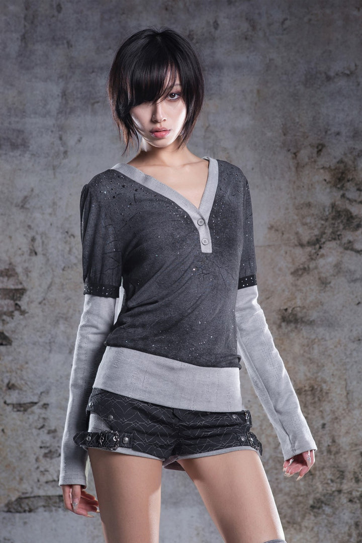 Split Ribbon V-Neck Top