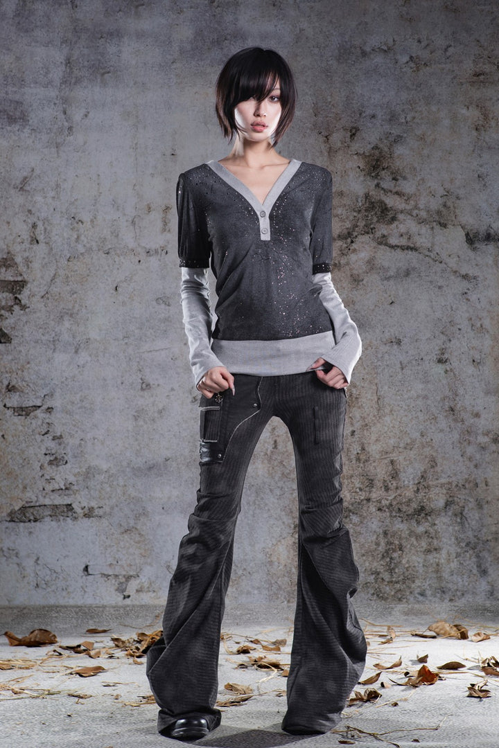 Split Ribbon V-Neck Top