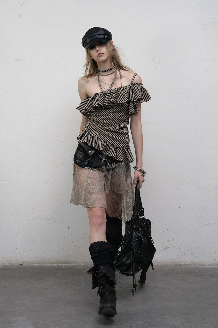 Asymmetric Striped Ruffle Top