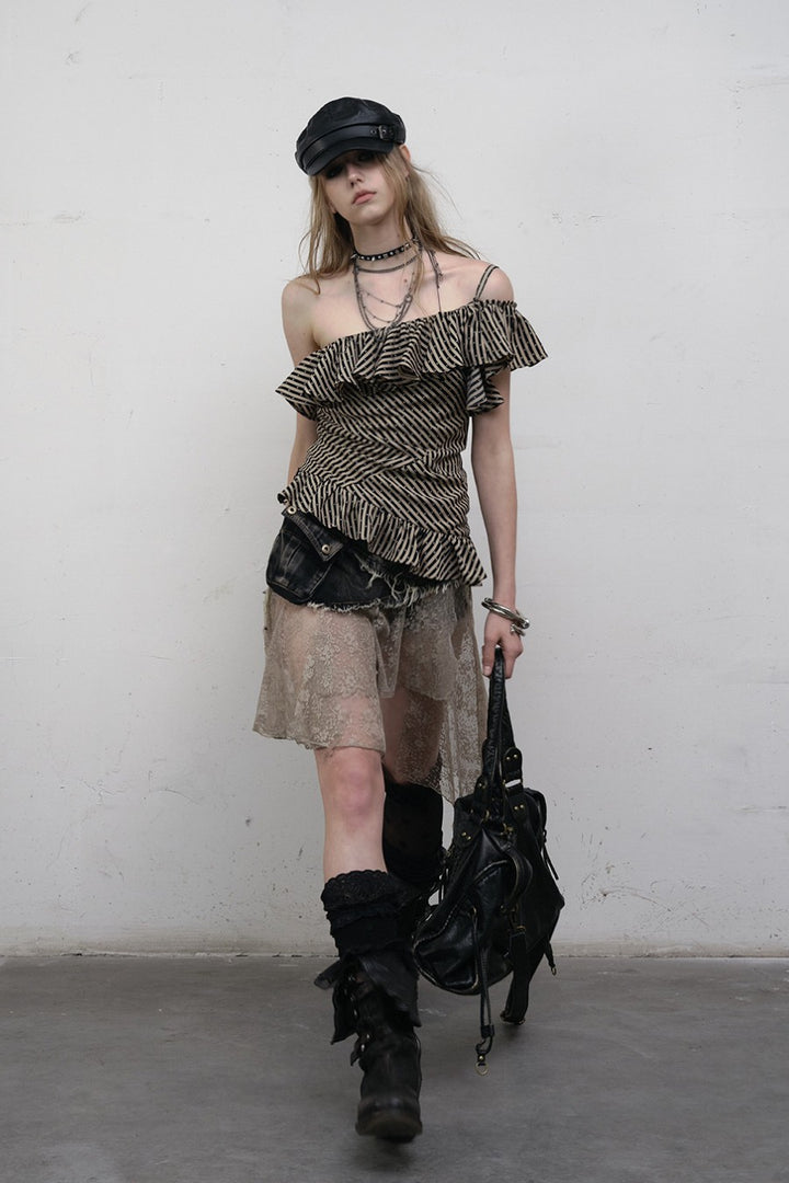 Asymmetric Striped Ruffle Top