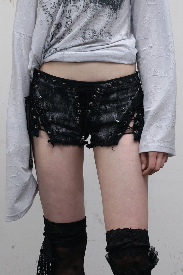 Distressed Lace-Up Shorts