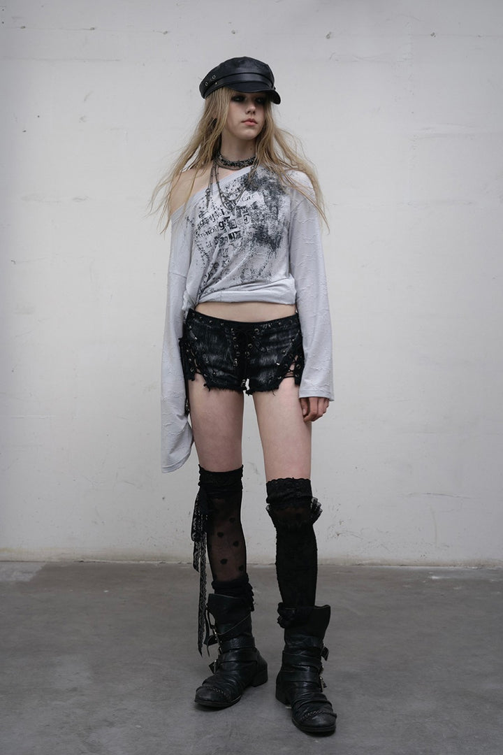 Distressed Lace-Up Shorts