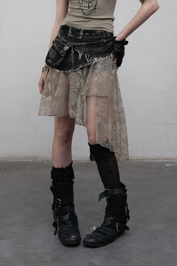 Denim Lace Panel Skirt